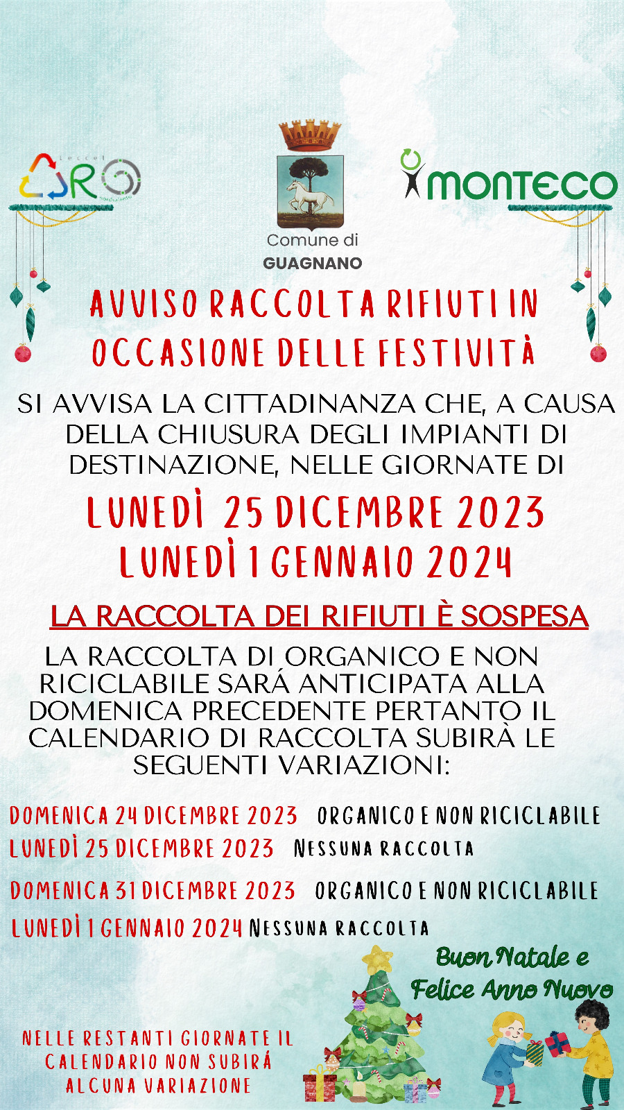 Avviso Raccolta Rifiuti in occasione delle festivit 