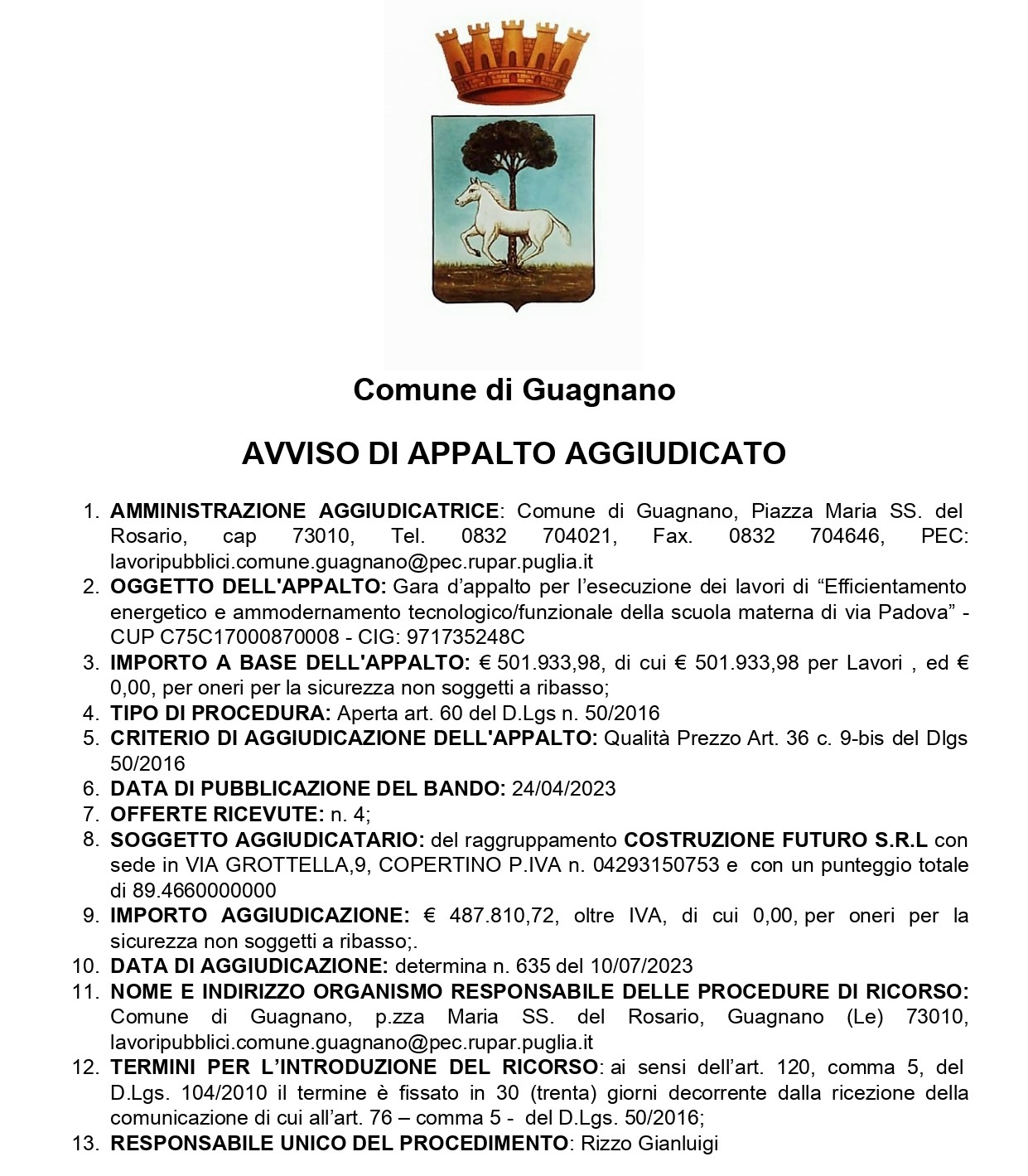 Avviso di appalto aggiudicato