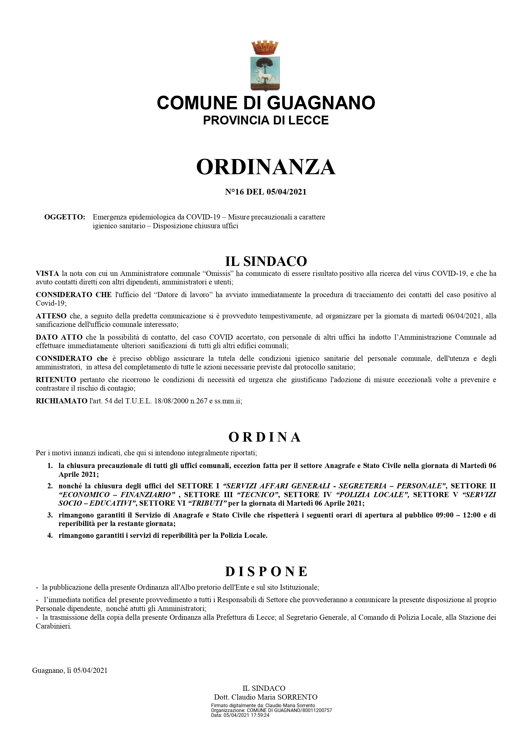 Ordinanza Sindacale chiusura uffici comunali page 0001