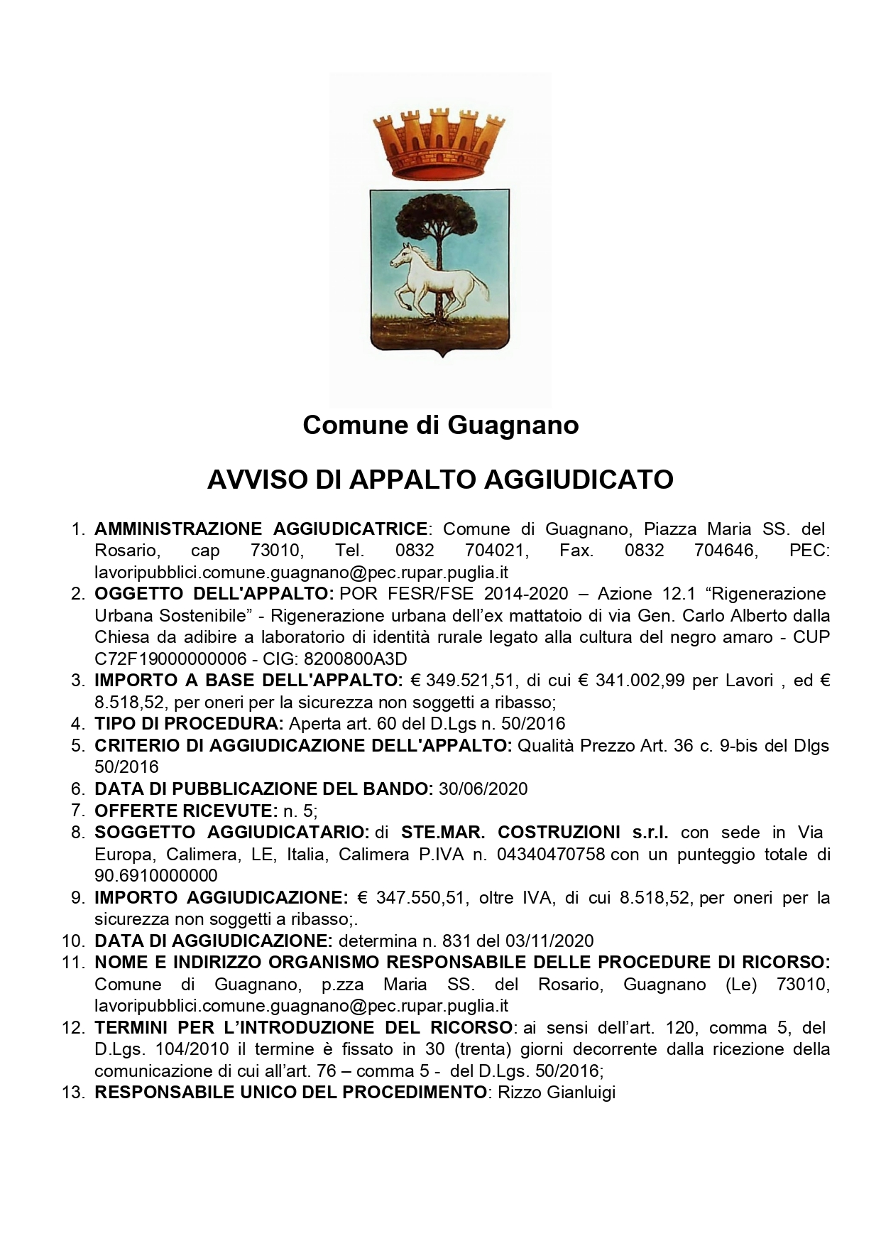 Avviso di appalto aggiudicato page 0001